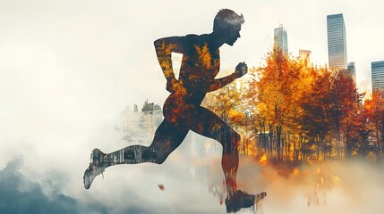Double exposure silhouette of a man running with fiery energy.