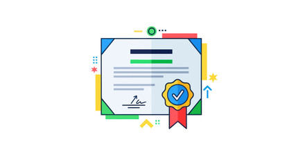 Colorful Illustrated Certificate with Gold Seal and Checkmark for Achievement.