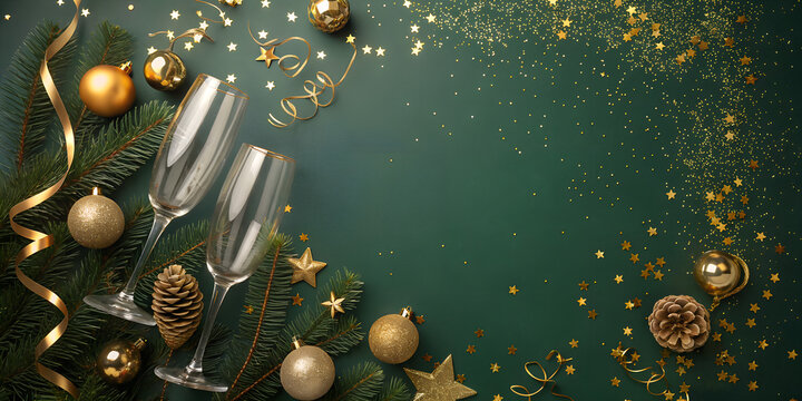 green christmas new year background with christmas tree and balls glass of champane