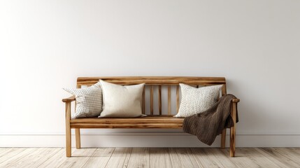 wooden bench before king size bed with pillows and blanket copy space on empty wall no logos no brands ar 169