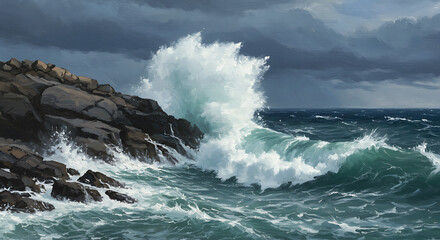 Fototapeta premium Ocean waves crashing against rocky shore under dramatic sky 