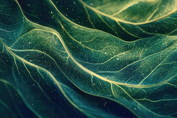 Close-up of a leaf's intricate veins, glowing with subtle light and dust particles.