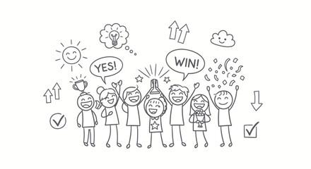 Hand-Drawn Stick Figures Celebrating Victory with Trophy and Speech Bubbles.