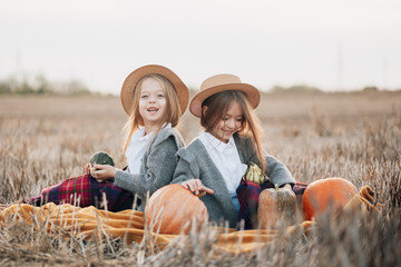 Two children enjoy an autumn day picking pumpkins in a cozy field while dressed in warm clothes and straw hats