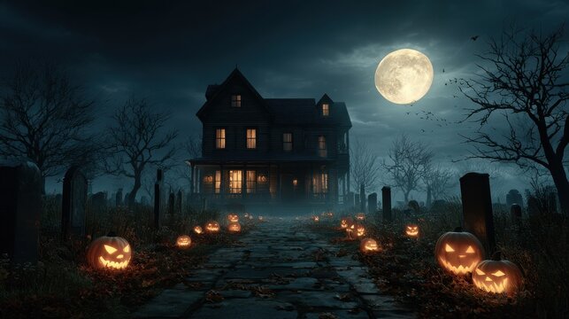 eerie halloween night spooky haunted house carved pumpkins and graveyard path under a full moon dark mysterious and festive 3d render