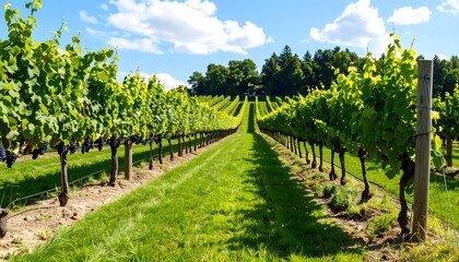 Vineyard vines in sunny sky. Grapes and lush green leaves against a blue sky backdrop