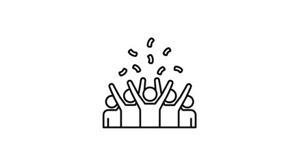 Line art icon of a joyful group celebrating with confetti falling.