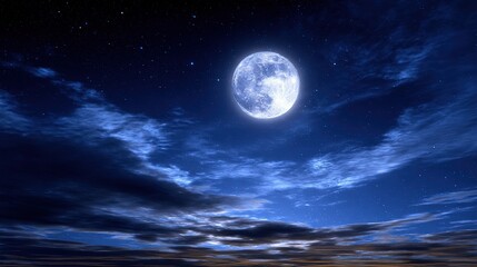 Fototapeta premium A luminous full moon graces a night sky, dotted with twinkling stars and soft, layered clouds.