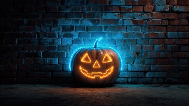 glowing jack o lantern with neon blue outline on brick wall background halloween pumpkin 1