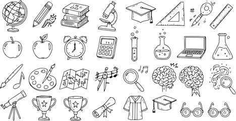 Hand-drawn Back to School Education Elements: Globe, Books, Microscope, Brain, Graduation Cap and More