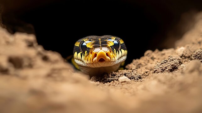 A closeup view of a snakes head emerging from a dark burrow in the ground