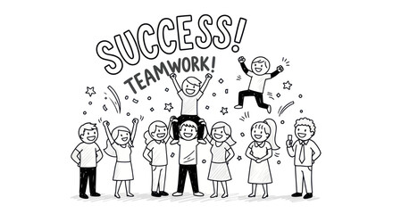Cartoon Team Celebrating Success Through Teamwork.