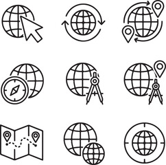 Fototapeta premium Globe line icon collection. World map, earth, planet pictogram. For global business, international communication, travel, geography, web, GPS navigation 