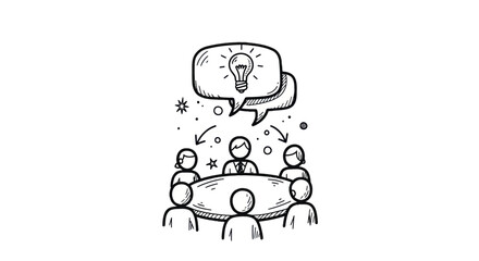 Hand-drawn Sketch of Business Meeting with Lightbulb Idea.