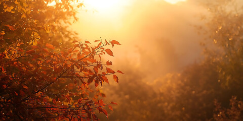 Sunlit Misty Forest with Autumn Leaves and Warm Morning Glow