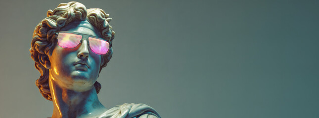 Man statue wearing neon glow sunglass. Creative retro aesthetic concept with classical sculpture. Modern art design.
