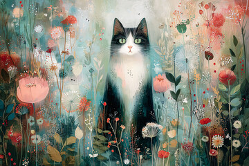 Peinture représentant un chat dans  une prairie fleurie