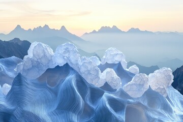 Crystal-like formations atop a mountain range at sunrise, creating a surreal icy landscape.
