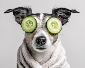 Jack russel avec des rondelles de concombres sur les yeux et portant un peignoir