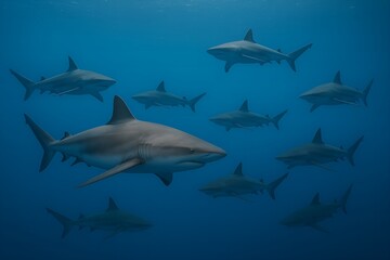 Fototapeta premium High-resolution underwater image of a group of sharks gracefully swimming together in the deep blue sea, showcasing marine life and the beauty of the ocean environment.