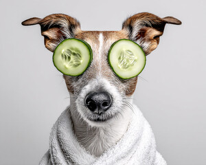 Jack russel avec des rondelles de concombres sur les yeux et portant un peignoir