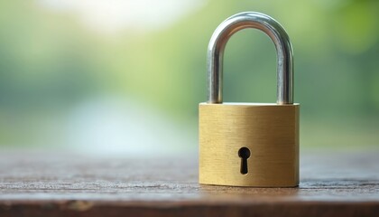 Close up brass padlock on wooden table. Shiny metal lock with keyhole represents security safety privacy and protection. Blurred green background.