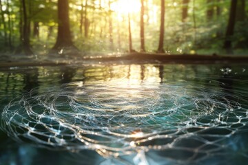 A spiderweb floats on a calm forest pond at sunset, creating a magical, ethereal scene.
