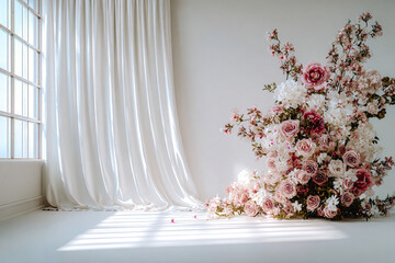 Rideau et bouquet de fleur, studio de photo 