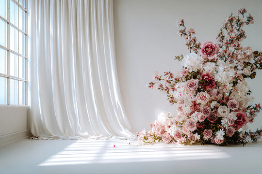 Rideau et bouquet de fleur, studio de photo 