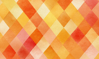 A vibrant watercolor background with a geometric diamond or harlequin pattern in warm shades of orange, yellow, and red.