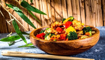 Wooden bowl of stir-fried chicken with vegetables served with chopsticks and bamboo stalks