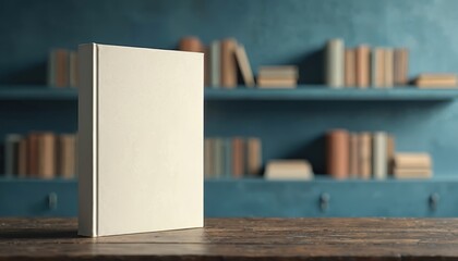 Blank beige book standing on wood table. Blurred library shelves with books create background for custom cover design. Ready for text or graphics.