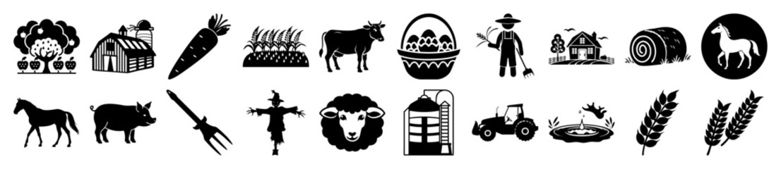 Vector art of collection of farm icons including animals, crops, buildings, and equipment