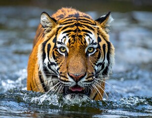 Tiger in a river, close-up view