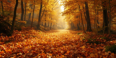 Sunlit Forest Path Covered with Vibrant Orange Autumn Leaves