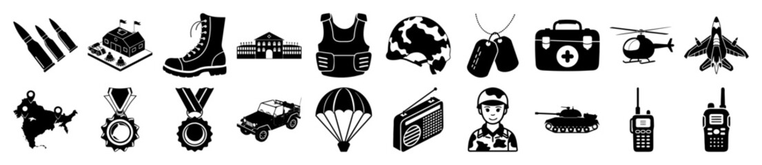 Vector art of collection of military and army icons, including weapons, vehicles, equipment, and symbols of service