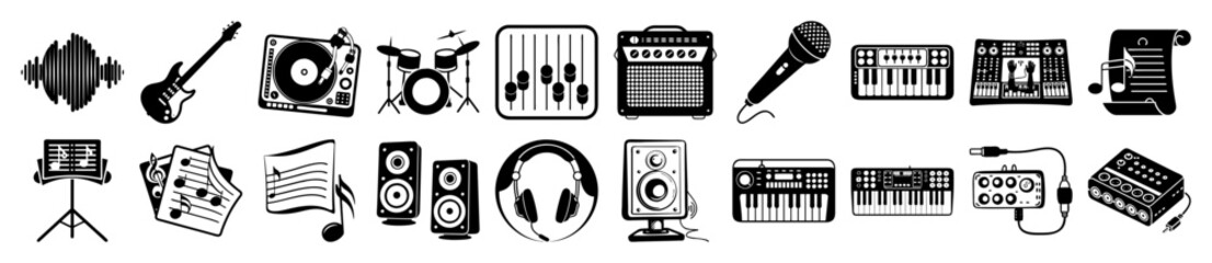 Vector art of collection of handdrawn musical instrument icons and audio equipment isolated on a