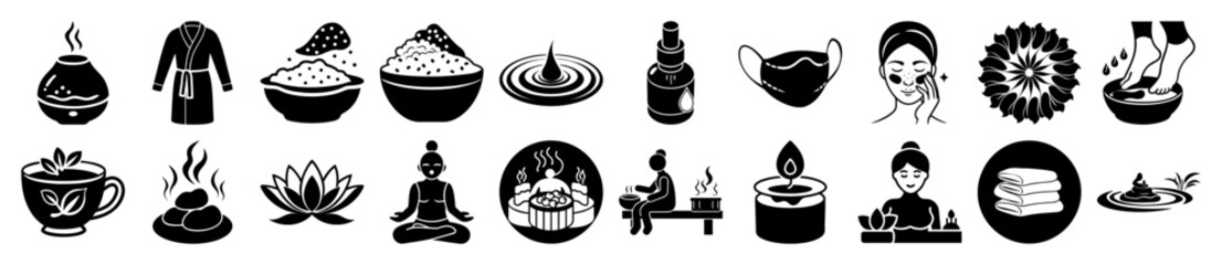 Vector art of collection of black and white icons representing spa, wellness, and relaxation, including a bathrobe, tea, lotus flower, buddha, massage, and aromatherapy
