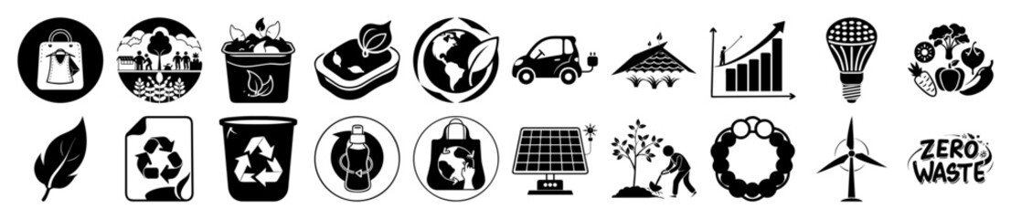 Vector art of collection of environmental and ecofriendly icons, including recycling, renewable energy, and sustainability symbols