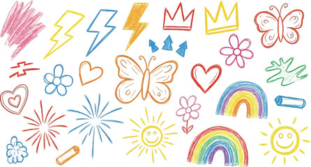 Vector art of colorful crayon drawing icons including lightning, crowns, butterflies, hearts, rainbows, and flowers