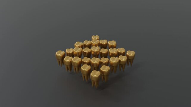 Surreal 3D abstract animation with golden teeth arranged in square grid bouncing evenly on dark black surface, futuristic minimal background with unusual transparent geometry and rhythm