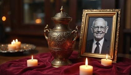 Ornate bronze urn, framed photo of smiling elderly man, flickering lit candles sit on deep red cloth. Solemn memorial scene honors deceased loved one, conveying peace, remembrance, loss for grief,