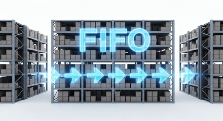 Modern warehouse shelves packed with boxes showcase the dynamic FIFO inventory management system with glowing blue arrows illustrating flow and efficiency