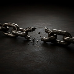 Broken metal chain with shattered links on dark background  