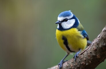 Close up of small blue tit bird sitting on tree branch. Bird bright yellow chest, blue head with white face markings. Looks curious, dark eyes alert. Blurry green background. Cute wild animal.
