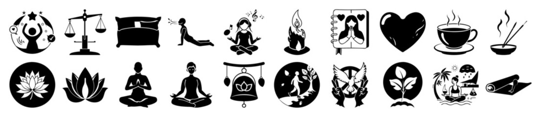 Vector art of collection of black and white icons representing wellness, meditation, yoga, balance, and selfcare