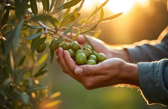 Farmer hands hold fresh green olives from tree branch in warm sunset light. Person picks ripe fruit from olive grove. Worker harvests organic crop on farm field for healthy food oil production. Close