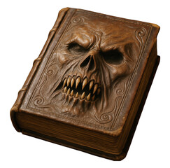 Ancient evil grimoire or spellbook with a screaming demon face cover, bound in brown human skin leather, Isolated on Transparent and White Background
