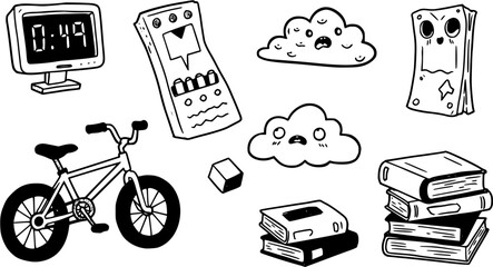 Black and white hand-drawn doodle vector illustration set. Includes digital clock, bicycle, stack of books, emotional clouds, planners, and a cube, isolated on white.
