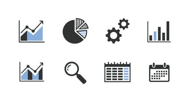 Business Data Analysis Icons: Charts Graphs and Calendar.